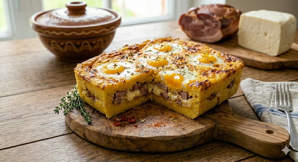 Taci și înghite (Mămăligă stratificată cu brânză, carne afumată și ouă)