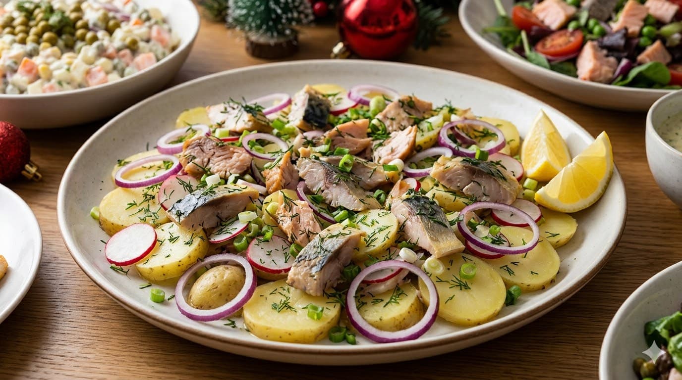 Salată de cartofi cu pește afumat și ceapă
